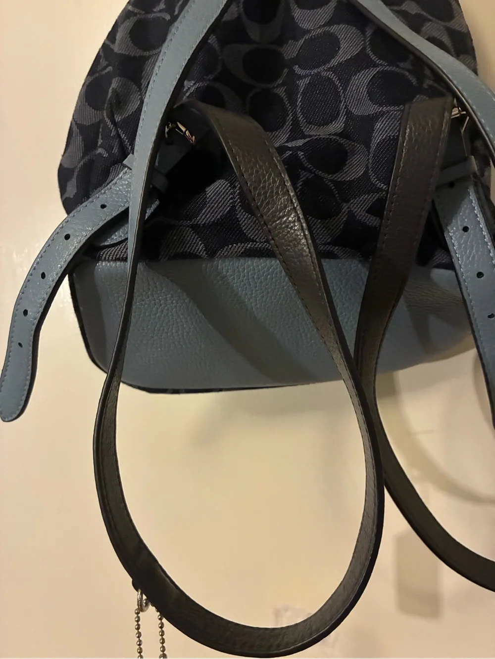 Coach Signature Canvas Backpack with Light Blue Leather Trim